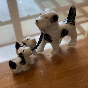 Fox terrier, dog and pup chain together vintage Japan porcelain figuring